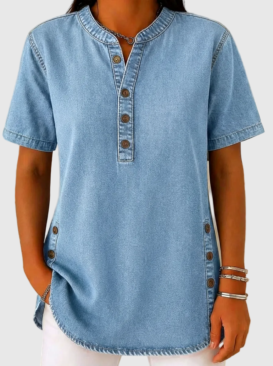 Női Laza Farmer Blúz - V Nyakú Rövid Ujjú Kényelmes Gombos Pamut Blúz