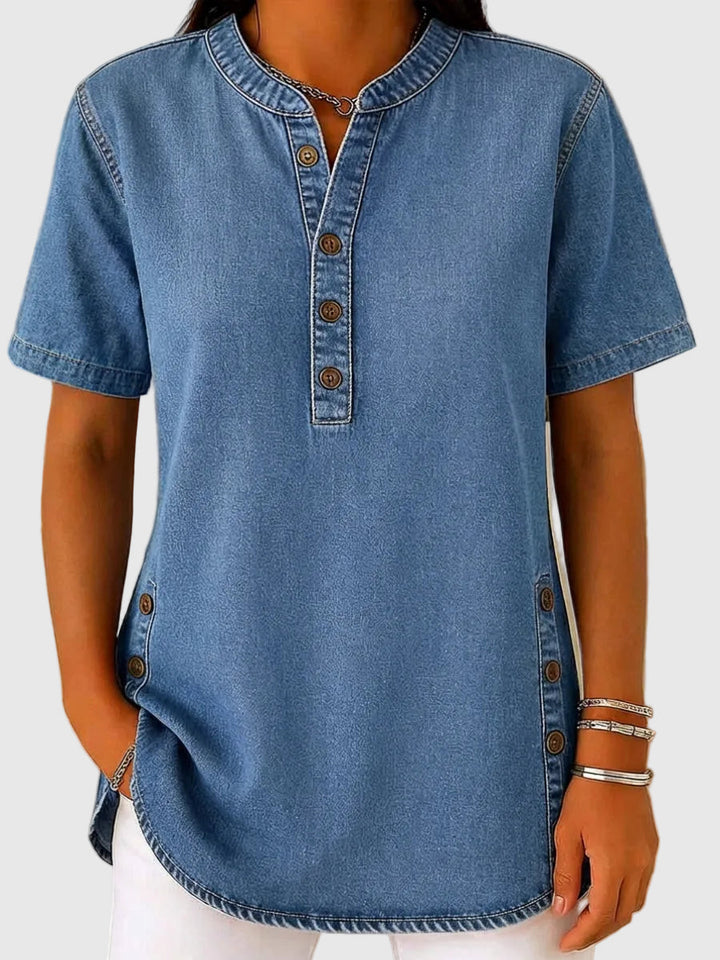Női Laza Farmer Blúz - V Nyakú Rövid Ujjú Kényelmes Gombos Pamut Blúz