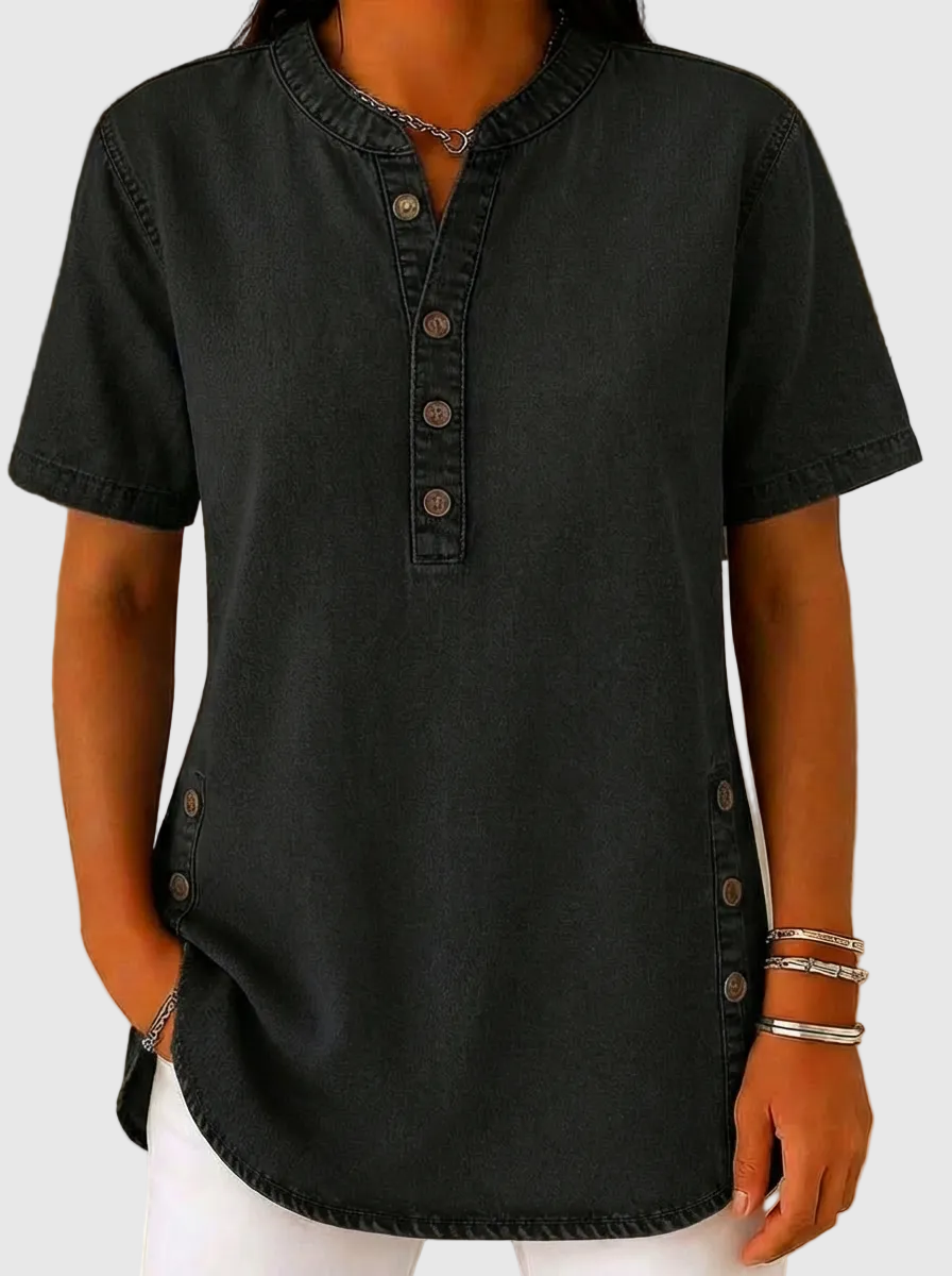 Női Laza Farmer Blúz - V Nyakú Rövid Ujjú Kényelmes Gombos Pamut Blúz